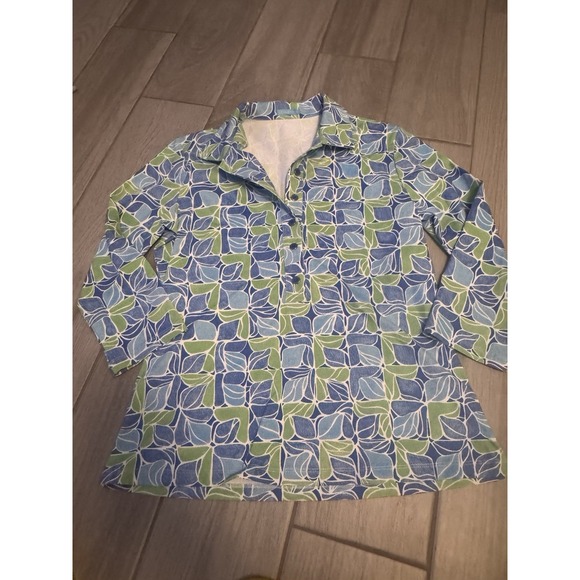 J McLaughlin Shirt Womens Small Blue White Floral Court Polo Soft Cotton Stretch - Picture 11 of 11